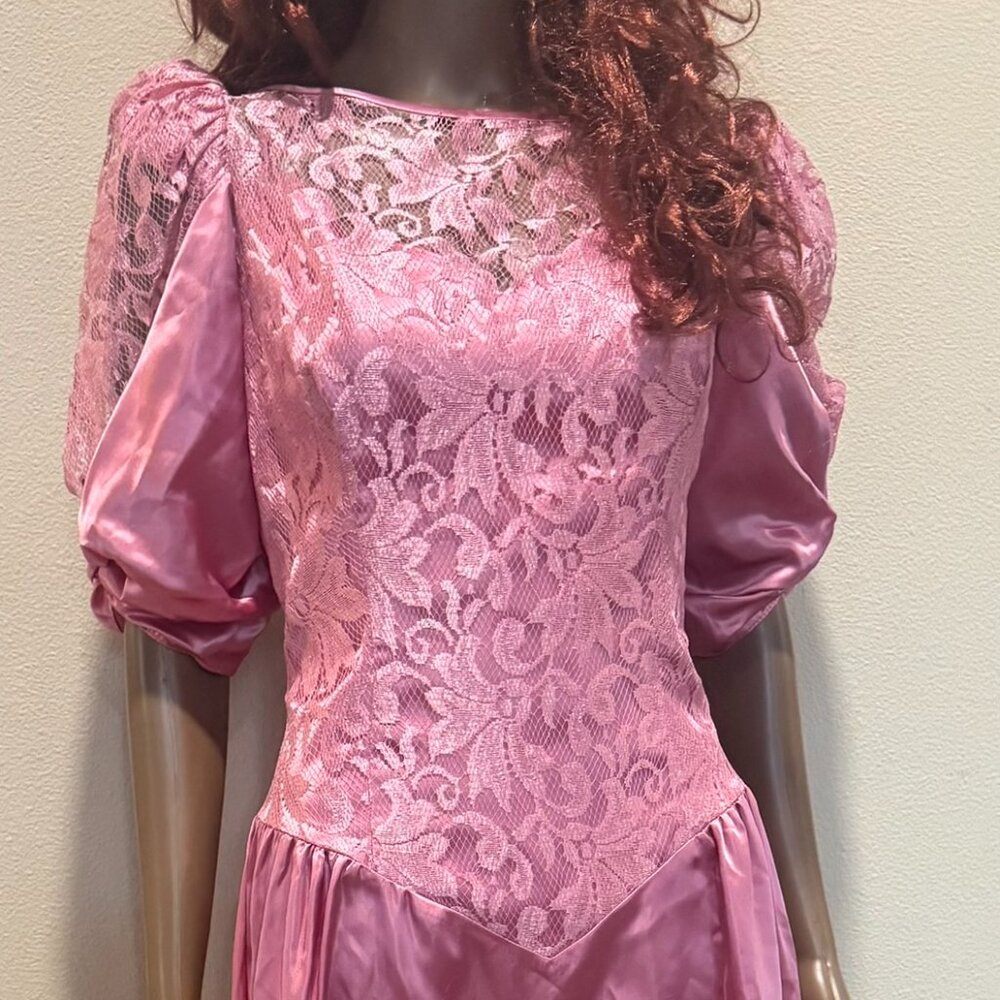 Vintage 1960s Pink Lace & Satin Tea-Length Dress with Bow Back, ILGWU Union Made